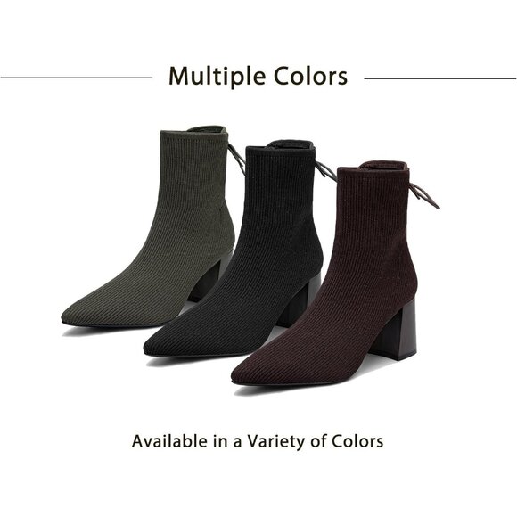 Women's Military Green Pointed Toe Ankle Boots Chunky Block Heel Sock Booties - Picture 7 of 7